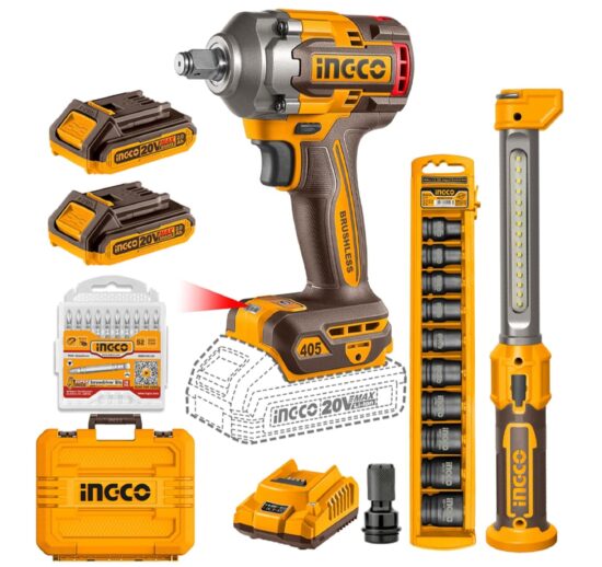 Ingco 20V Cordless Impact Wrench 405NM, Variable Speed 2400RPM, With 1Pcs Work Lamp, 2Pcs 2.0Ah Battery And Charger, 10Pcs Socket, 10pcs Screwdriver bits, Packed by Carrying Case