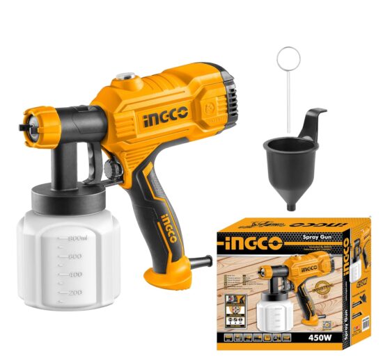 Ingco 450W Electric Spray Gun, 800ml, 1.5mm Copper Nozzle, 380ml/min, Corded, Multicolor, Round Style, Suitable for Base Coat Spray Gun, Auto Paint, DIY, Indoor/Outdoor Use