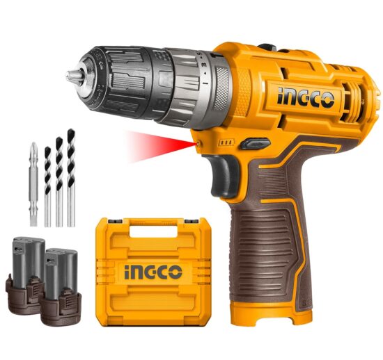 Ingco Cordless Imopact Drill Machine, Battery Drill Machine With 2 Pcs Batteries & Drill Bits, Type C Charging For Home Use, Yellow